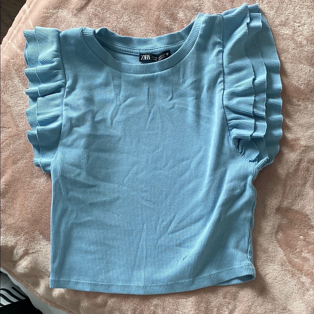 Zara Blue Short Sleeve Tee with Ruffle Details
